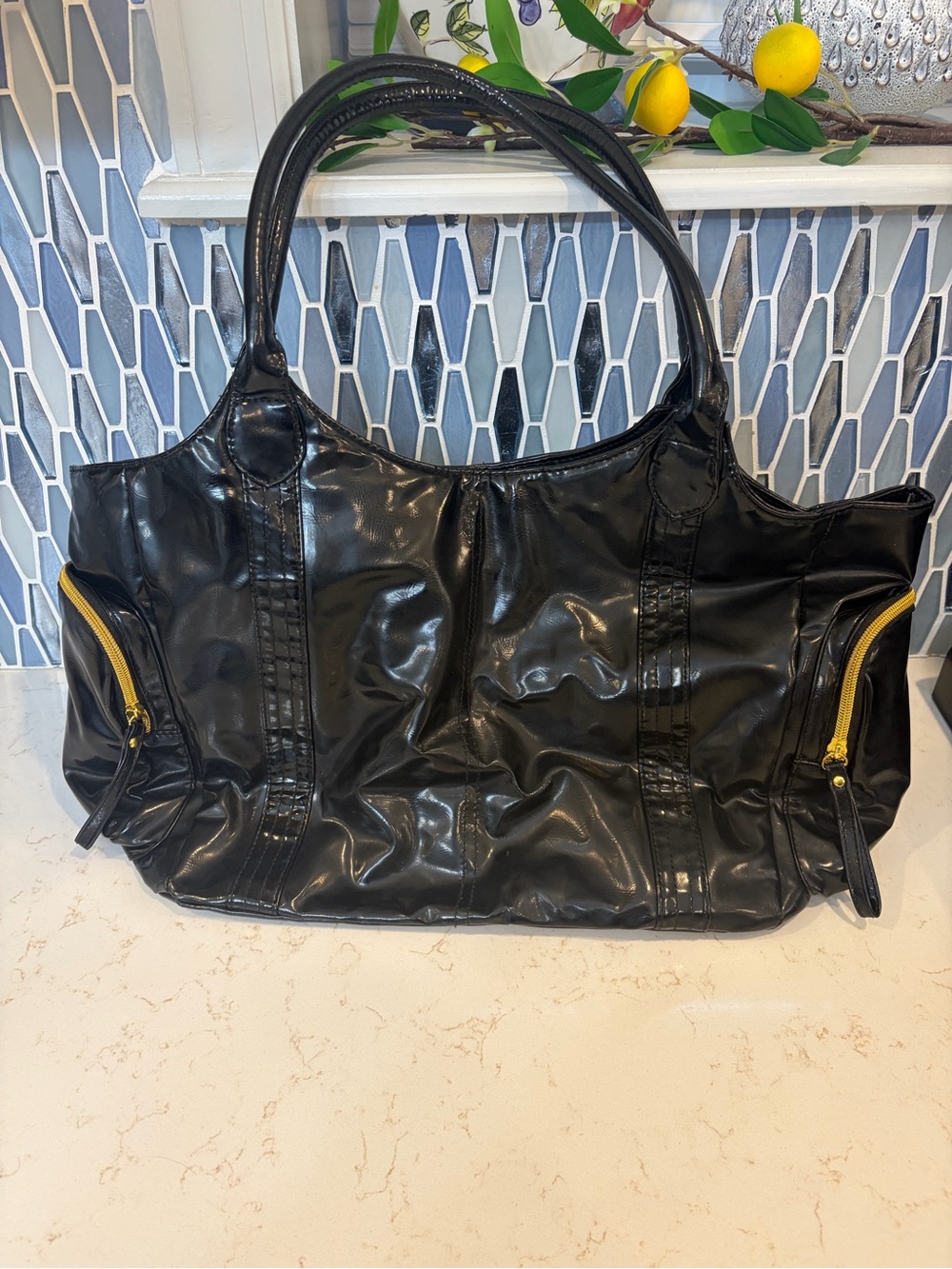 🦋 Mariah Carey Black Patent Shoulder Bag with Gold Zipper Accents